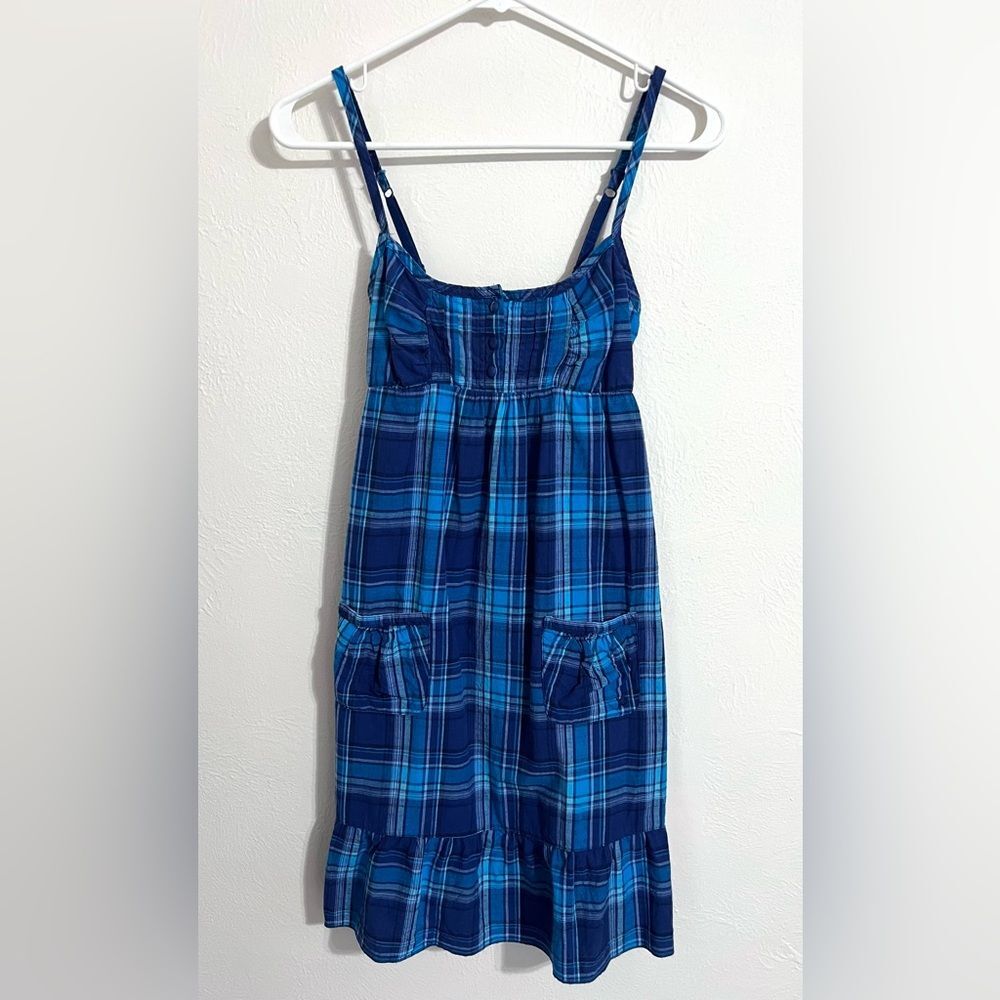 Aerie vintage Y2K blue and indigo plaid sleeveless ruffle mini sundress, size XS